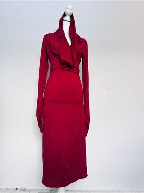 Cowl Hood Long-Sleeve Maxi Dress in Wine Red